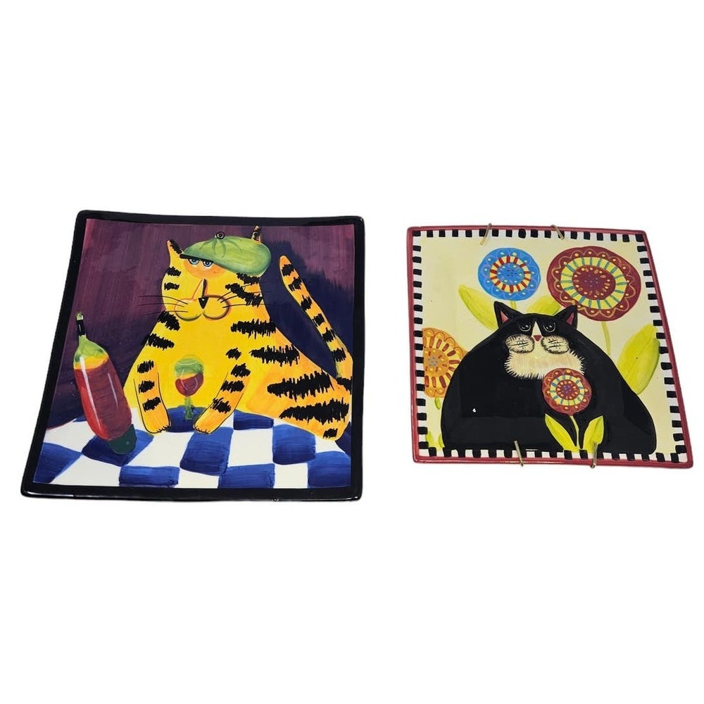 2 Ceramic Cat Plates Decorative Square Kitsch Wine Floral Naylor Designs Roscher